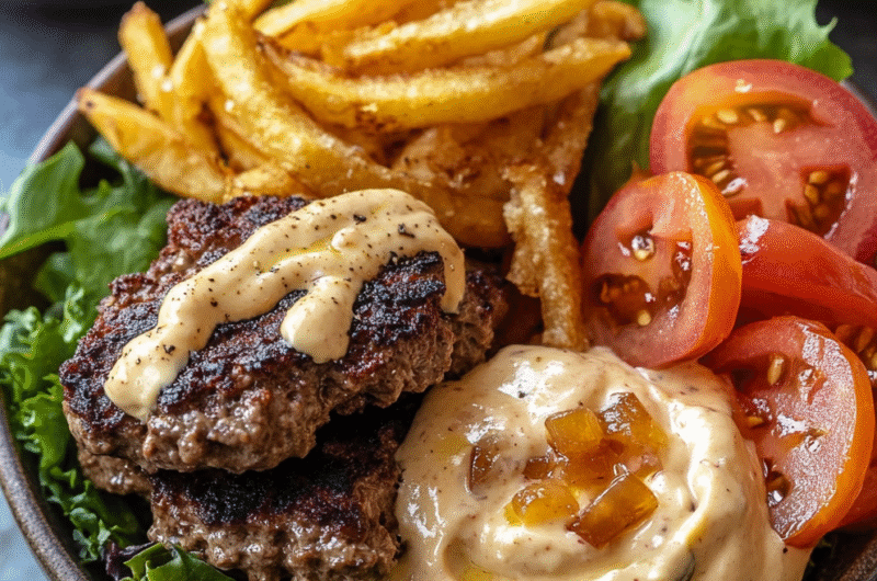Burger Bowls with Caramelized Onion Aioli