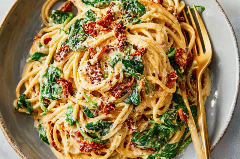 Spaghetti & Spinach with Sun-Dried Tomato Cream Sauce