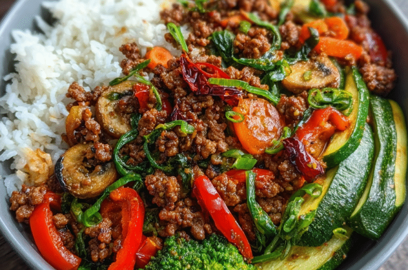 Spicy Ground Beef Stir-Fry Bowl with Garlic Veggies & Steamy Rice