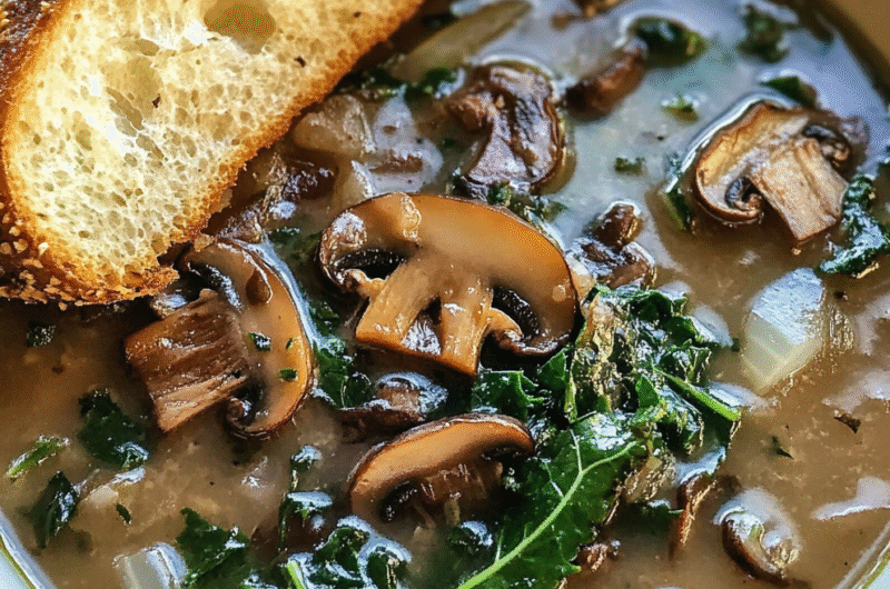 Wild Mushroom, Caramelized Onion and Kale Soup
