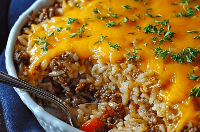 Cheddar-Crusted Ground Beef and Rice Casserole