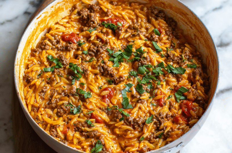 One Pot Ground Beef Orzo with Creamy Tomato Sauce