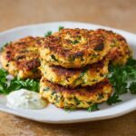 Crispy golden Greek salmon patties served on a white plate with lemon wedges and tzatziki