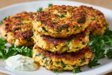 Crispy golden Greek salmon patties served on a white plate with lemon wedges and tzatziki