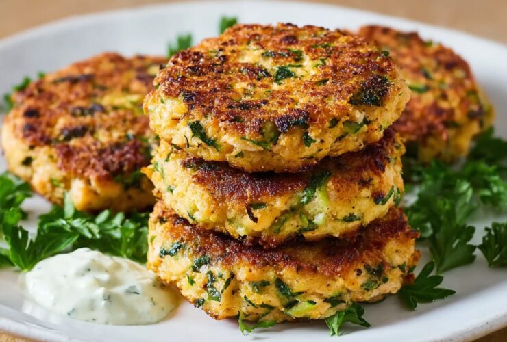 Crispy golden Greek salmon patties served on a white plate with lemon wedges and tzatziki