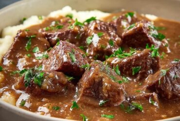 Tender beef tips in rich brown gravy served over creamy mashed potatoes with parsley garnish