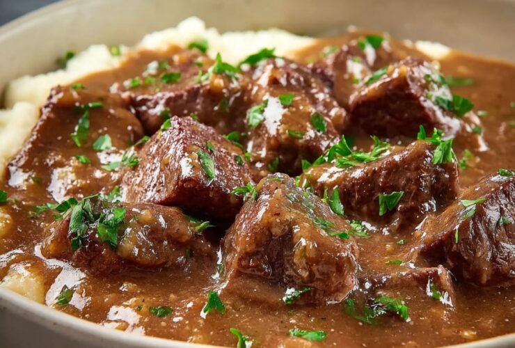 Tender beef tips in rich brown gravy served over creamy mashed potatoes with parsley garnish