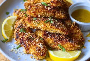 Crispy lemon parmesan chicken tenders on a wooden board with lemon wedges and fresh parsley