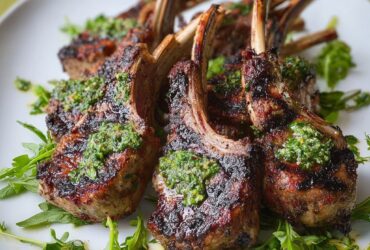 Grilled lamb chops with charred grill marks served with vibrant green herb chimichurri sauce