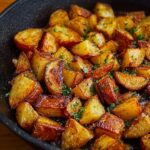 Golden crispy skillet-fried potatoes in a cast iron pan with rosemary and flaky sea salt