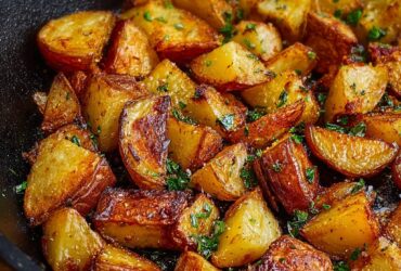Golden crispy skillet-fried potatoes in a cast iron pan with rosemary and flaky sea salt
