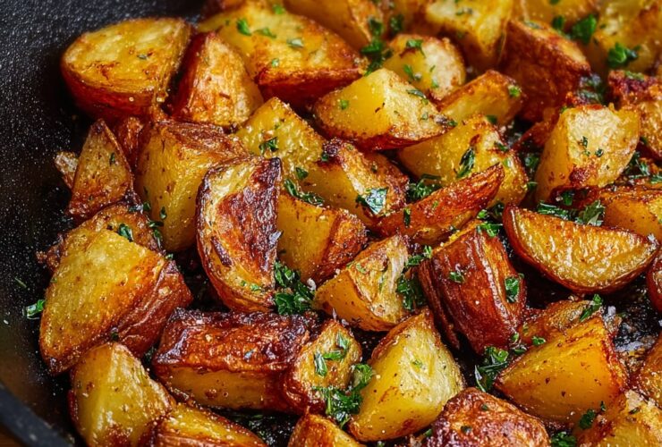 Golden crispy skillet-fried potatoes in a cast iron pan with rosemary and flaky sea salt