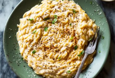 Creamy one-pot cacio e pepe orzo in a bowl topped with cracked black pepper and pecorino cheese