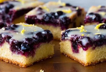 Glazed lemon blueberry bars cut into squares with white drizzle and fresh blueberries on parchment