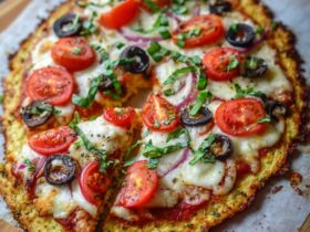 Crispy gluten-free cauliflower pizza crust topped with mozzarella, basil, and cherry tomatoes
