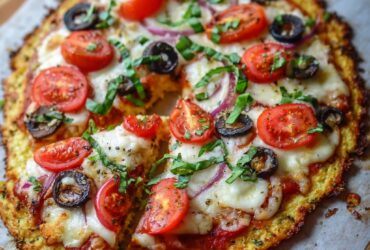Crispy gluten-free cauliflower pizza crust topped with mozzarella, basil, and cherry tomatoes