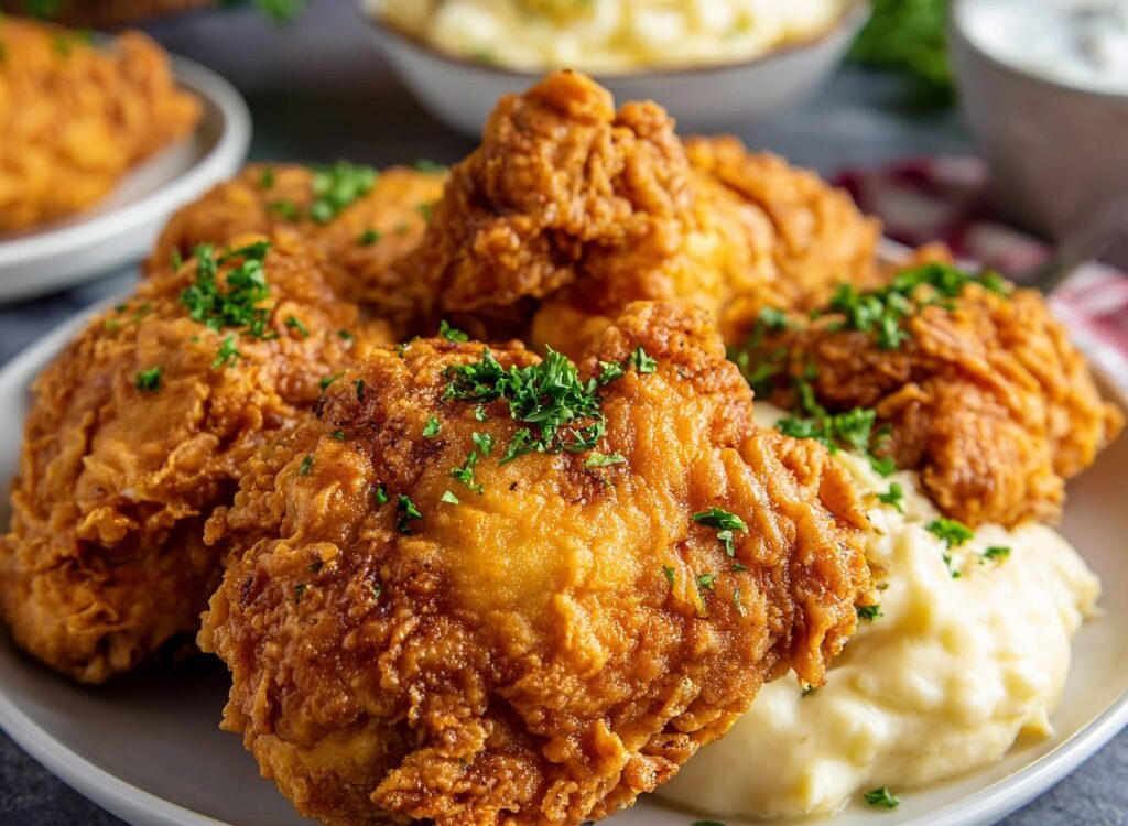 Chicken fried chicken with crispy golden double-battered breast, creamy white gravy poured over, mashed potatoes, and parsley garnish