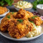 Chicken fried chicken with crispy golden double-battered breast, creamy white gravy poured over, mashed potatoes, and parsley garnish