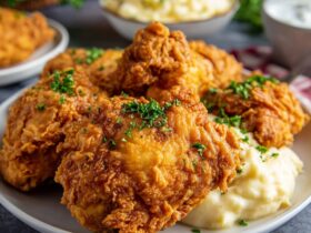 Chicken fried chicken with crispy golden double-battered breast, creamy white gravy poured over, mashed potatoes, and parsley garnish