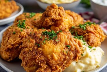 Chicken fried chicken with crispy golden double-battered breast, creamy white gravy poured over, mashed potatoes, and parsley garnish