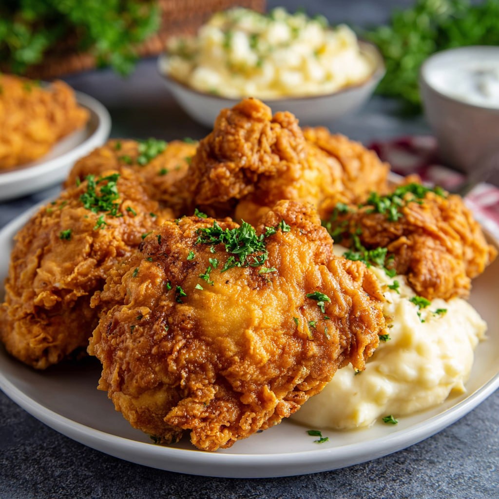 Chicken fried chicken with crispy golden double-battered breast, creamy white gravy poured over, mashed potatoes, and parsley garnish