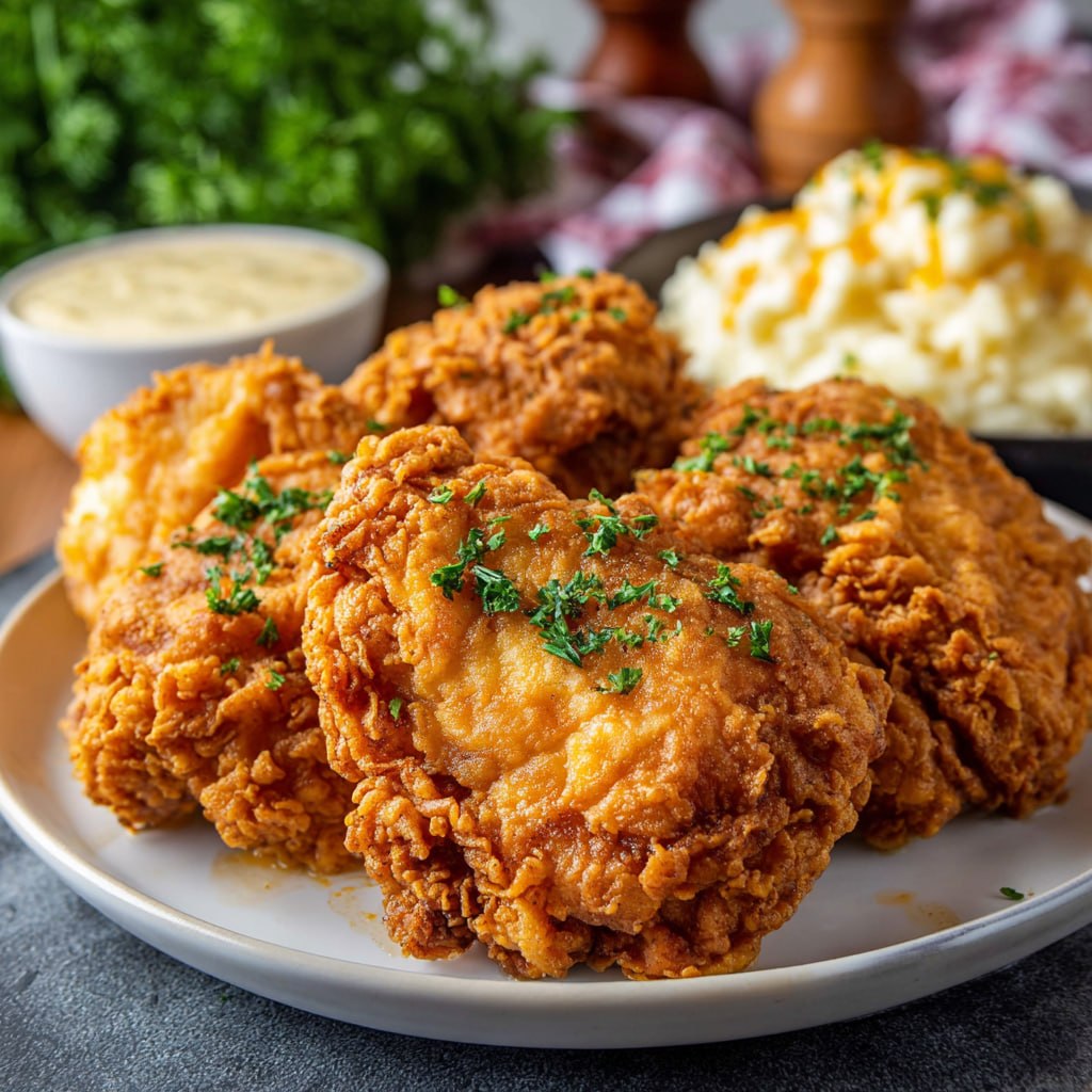 Close-up of chicken fried chicken showing crackly crispy seasoned coating, juicy chicken interior, and white peppered cream gravy