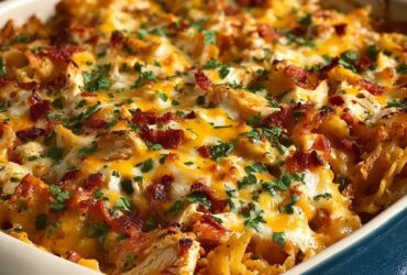 Bubbling BBQ ranch chicken casserole topped with melted cheddar, bacon, and green onions in a baking dish