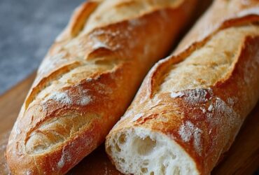 Two golden-crust homemade baguettes on parchment paper showing crispy crust and airy interior