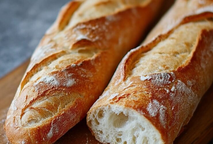 Two golden-crust homemade baguettes on parchment paper showing crispy crust and airy interior