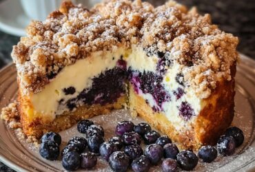 Sherry's blueberry cream cheese crumb cake with golden buttery streusel topping and visible blueberries