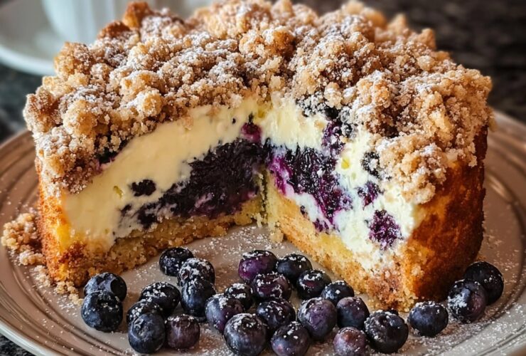 Sherry's blueberry cream cheese crumb cake with golden buttery streusel topping and visible blueberries
