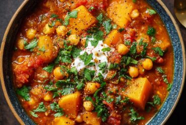 Bowl of Moroccan chickpea and squash stew with golden broth, butternut squash chunks, cilantro, and lemon