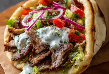 Authentic Greek gyros wrapped in pita bread with sliced meat, tomato, onion, lettuce, and tzatziki sauce