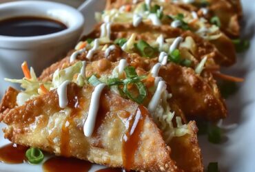 Crispy Applebee's-style chicken wonton tacos filled with Asian chicken, slaw, cilantro and sesame seeds on a wooden board