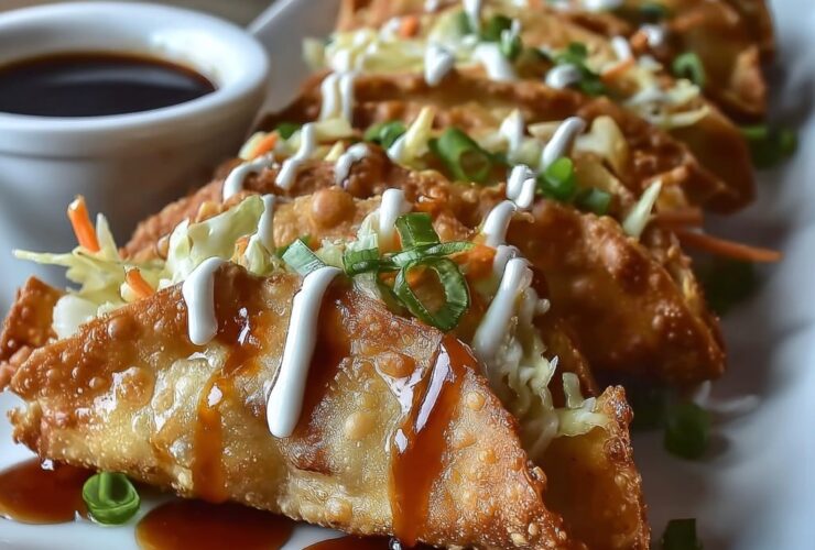 Crispy Applebee's-style chicken wonton tacos filled with Asian chicken, slaw, cilantro and sesame seeds on a wooden board