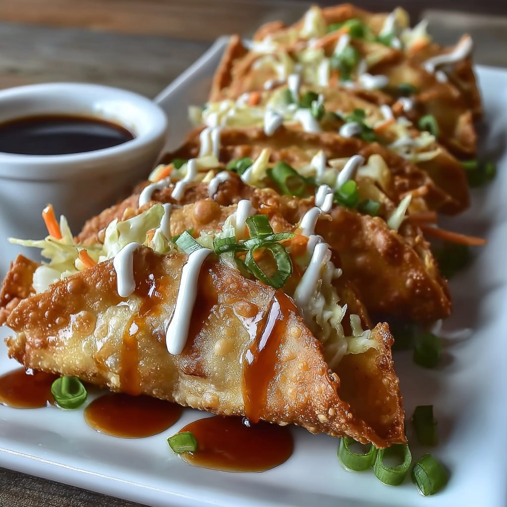 Crispy Applebee's-style chicken wonton tacos filled with Asian chicken, slaw, cilantro and sesame seeds on a wooden board