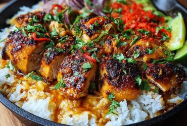Spicy maple glazed chicken thighs over creamy coconut rice with cilantro, lime, and chili flakes