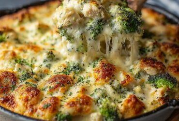 Bubbling keto chicken alfredo broccoli bake with golden melted cheese, tender chicken, and bright broccoli florets