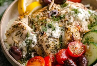 Slow cooker Greek chicken with lemon slices, oregano, kalamata olives, and pan juices in a serving bowl