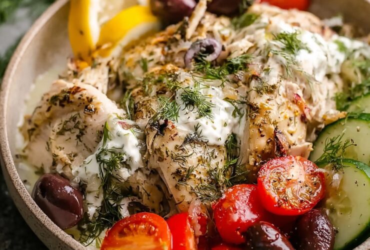 Slow cooker Greek chicken with lemon slices, oregano, kalamata olives, and pan juices in a serving bowl
