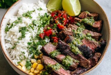 Cilantro lime steak bowl with sliced steak, cilantro lime rice, black beans, corn, avocado, and lime wedge