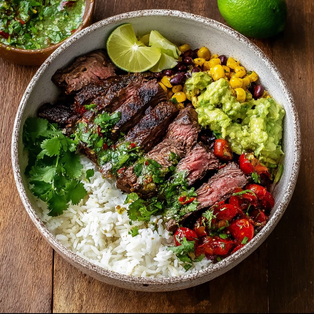 Close-up of cilantro lime steak bowl with charred flank steak slices, pico de gallo, lime crema, and herbs