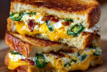 Cut jalapeno popper grilled cheese sandwich showing melted cheese, cream cheese, jalapenos, and crispy bacon