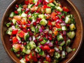 Persian Shirazi salad with diced cucumber, tomato, red onion, and mint in a colorful serving bowl