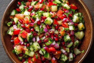 Persian Shirazi salad with diced cucumber, tomato, red onion, and mint in a colorful serving bowl