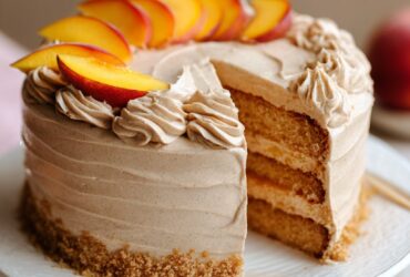 Peach cake with caramel brown sugar frosting drizzle, fresh peach slices, and a slice removed showing tender crumb