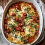 Baked Tuscan chicken casserole with sun-dried tomatoes, spinach, parmesan cream sauce, and golden cheese top