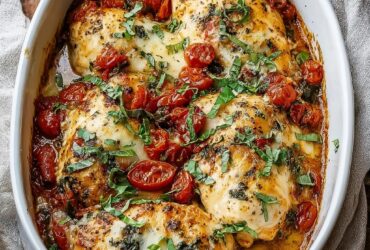 Baked Tuscan chicken casserole with sun-dried tomatoes, spinach, parmesan cream sauce, and golden cheese top