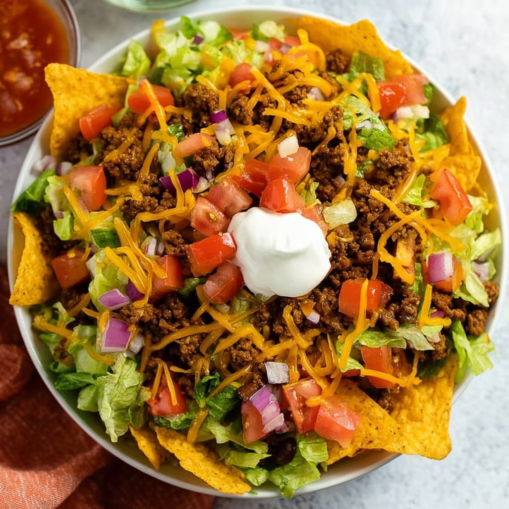 Doritos taco salad in a wooden bowl with seasoned ground beef, melted cheddar, lettuce, tomato, sour cream, and crushed Doritos on top