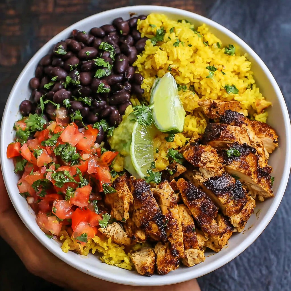 Close-up of golden mojo chicken thighs on cilantro lime rice with seasoned black beans and pickled red onions